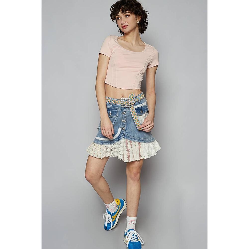 POL Denim Printed Patchwork Button Down Flare Mini Skirt - Picture 4 of 4